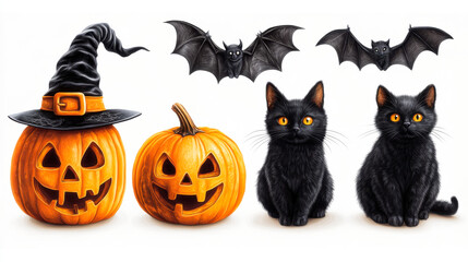 Halloween party invitation sticker clip art. Pointy cone witch hat, carved pumpkin jack with smile