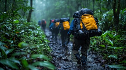 Hikers trekking through a misty forest with large backpacks.
