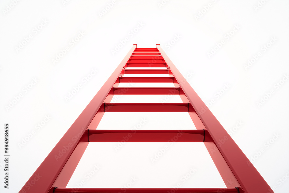 Poster red ladder in 3d stretching up toward a glowing target, representing a business goal, in a clean, mo