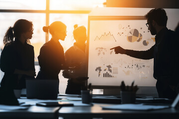 Silhouettes of business people discussing at a whiteboard, actively brainstorming in a creative and collaborative workspace. 