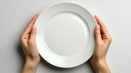 A top view of human hands holding an empty white plate against a clean white background.