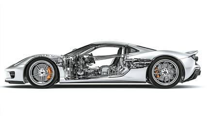Side view of the exterior, detailed cutaway car body made from metal and glass on a white background