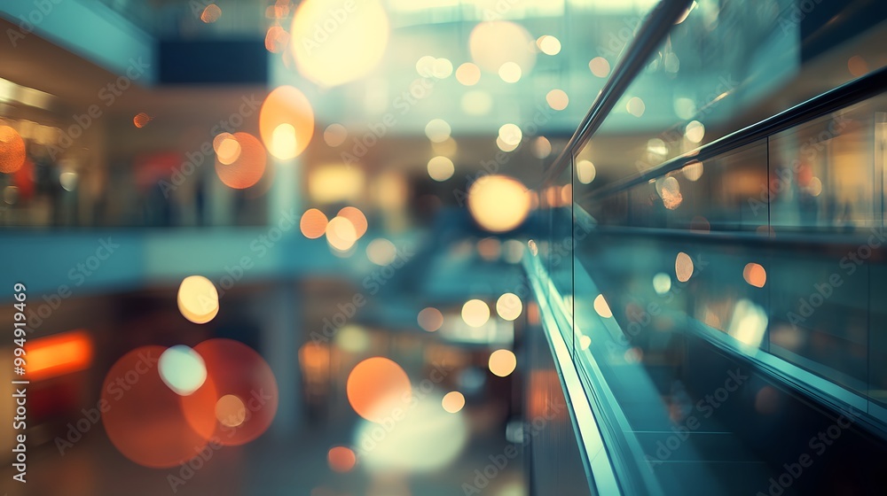 Poster abstract blur image background of shopping mall with light bokeh and flare light bulb.