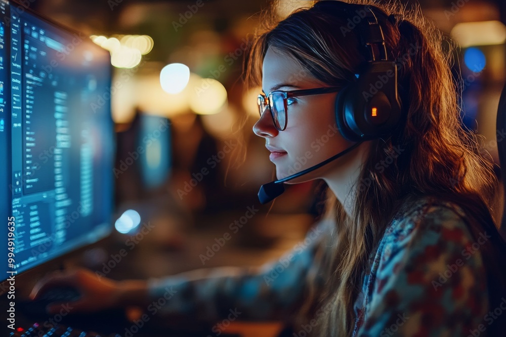 Poster woman wearing a headset while working on a computer in a warmly lit environment symbolizing tech dri