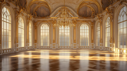 Fototapeta premium An empty glamorous rococo baroque ballroom generated by ai. Baroque Architecture. Illustration