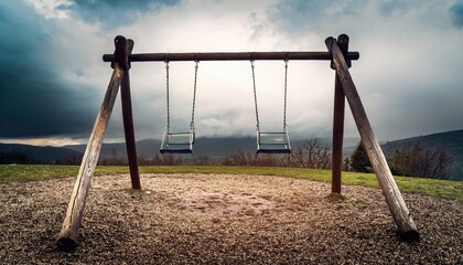 Empty swing set on a hill.