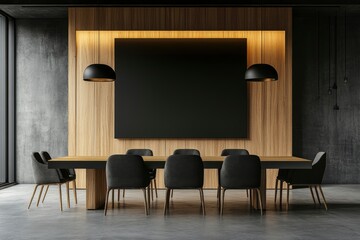 Modern wooden and concrete meeting room interior with furniture and black mock up screen. 3D Rendering .generative ai