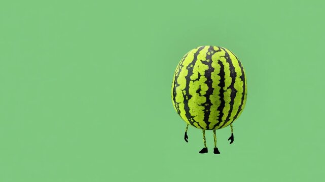 A 3D animated watermelon character standing idle, waiting or resting. The scene captures stillness and anticipation, blending the playful charm of tropical fruit with vibrant digital animation.