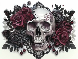 Digital artwork of a skull surrounded by gothic-style red and black roses with intricate lace detailing, symbolizing dark elegance.