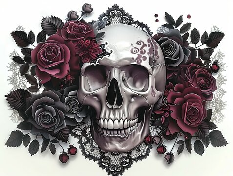 Digital artwork of a skull surrounded by gothic-style red and black roses with intricate lace detailing, symbolizing dark elegance.