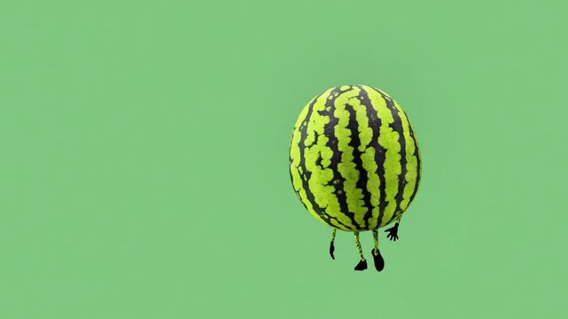 A 3D animated watermelon character walking with a cool, confident stride. The scene highlights playful style, creativity, and vibrant movement, blending tropical fruit charm with fun digital animation