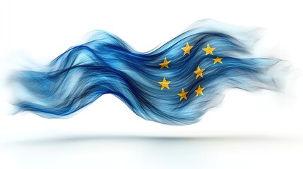 A wavy blue European Union flag fluttering in the wind against a white background, representing European unity.