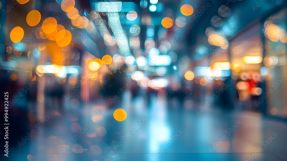 Poster abstract blur image background of shopping mall with light bokeh and flare light bulb.