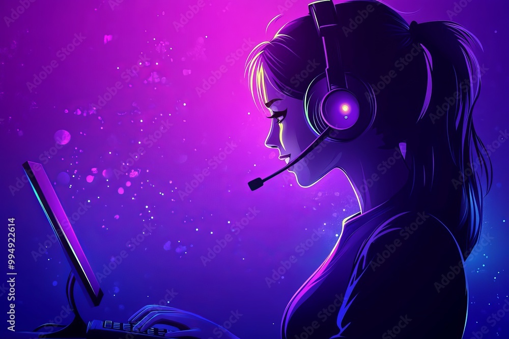 Poster woman wearing a headset while working on a laptop in a purple lit environment symbolizing remote wor
