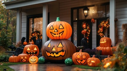 Halloween Decorations with Lighted Pumpkins on Porch