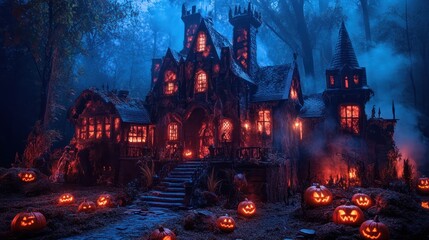 Haunted House in Foggy Forest with Jack o  Lanterns for Halloween