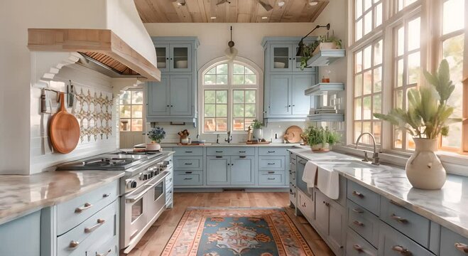Modern Kitchen with Blue Accents and Marble Countertops