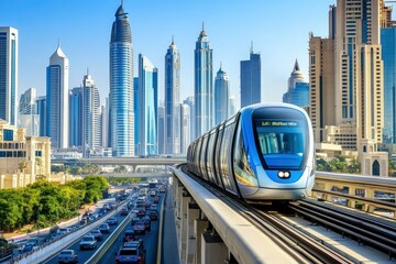 Monorail Subway train rides among glass skyscrapers in Dubai. Traffic on street in Dubai. Museum of the Future in Dubai. Cityscape skyline. Urban background. generative ai