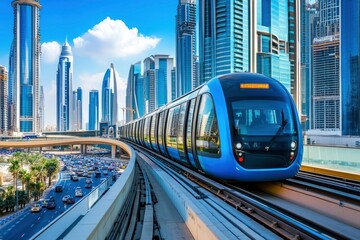 Monorail Subway train rides among glass skyscrapers in Dubai. Traffic on street in Dubai. Museum of the Future in Dubai. Cityscape skyline. Urban background. generative ai