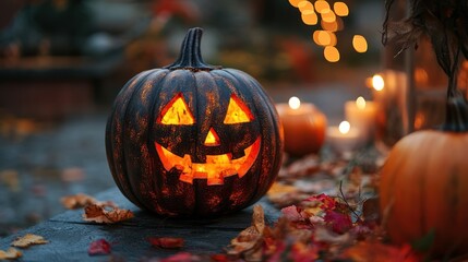 Glowing Halloween Jack O Lantern with Autumn Leaves