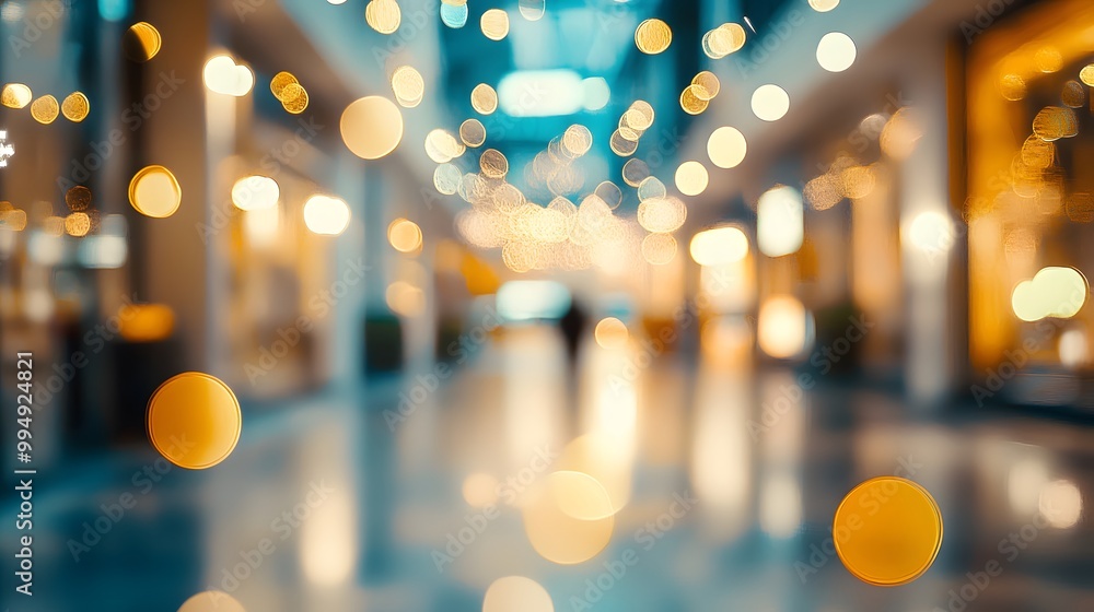 Poster abstract blur image background of shopping mall with light bokeh and flare light bulb.
