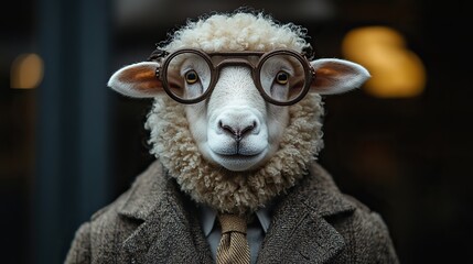 A white sheep dressed in an elegant modern suit with a fashionable tie strikes a confident pose in a charismatic fashion portrait.