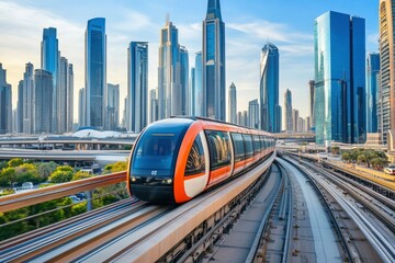 Naklejka premium Monorail Subway train rides among glass skyscrapers in Dubai. Traffic on street in Dubai. Museum of the Future in Dubai. Cityscape skyline. Urban background. generative ai