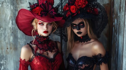 Fototapeta premium Mysterious Women in Red and Black Halloween Costumes with Lace and Flowers