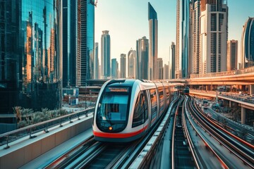 Monorail Subway train rides among glass skyscrapers in Dubai. Traffic on street in Dubai. Museum of the Future in Dubai. Cityscape skyline. Urban background. generative ai