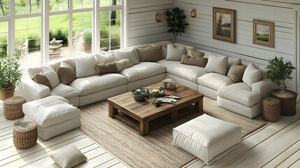 Obraz premium Modern Farmhouse Living Room Decor Ideas with a Large Sectional Sofa and Natural Elements
