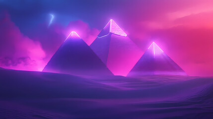 Desert with the great pyramids of ancient egypt. giza with pyramids. fantasy desert landscape. illuminated neon pyramids. 3d illustration. Ancient Egypt. Illustration