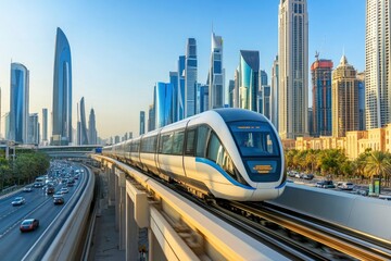 Monorail Subway train rides among glass skyscrapers in Dubai. Traffic on street in Dubai. Museum of the Future in Dubai. Cityscape skyline. Urban background. generative ai