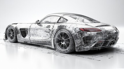 Naklejka premium A wireframe car design showcases the intricate structure and blueprint of a vehicle in a technical illustration.