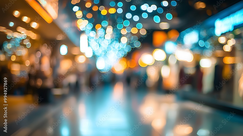 Poster abstract blur image background of shopping mall with light bokeh and flare light bulb.
