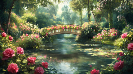 Fototapeta premium Beautiful victorian garden with rose bush and bridge over pond with water lilies. fantasy english countryside landscape. Victorian Garden. Illustration