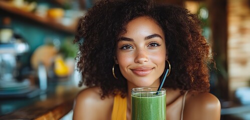 A woman enjoys sipping a healthy green smoothie in her kitchen, embracing a nutritious lifestyle.