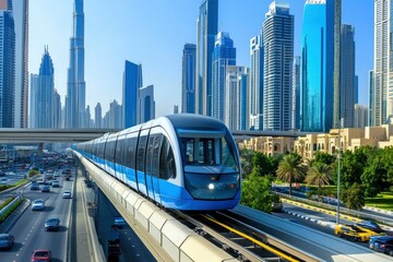 Naklejka premium Monorail Subway train rides among glass skyscrapers in Dubai. Traffic on street in Dubai. Museum of the Future in Dubai. Cityscape skyline. Urban background. generative ai