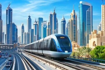 Monorail Subway train rides among glass skyscrapers in Dubai. Traffic on street in Dubai. Museum of the Future in Dubai. Cityscape skyline. Urban background. generative ai