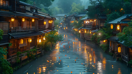 Fototapeta premium Japanese River Village at Night with Floating Lights Illustration