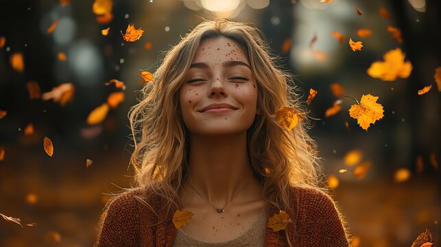 A woman experiences a state of ecstatic autumnal emotions, capturing the mystical and intense feelings of a spiritual awakening.
