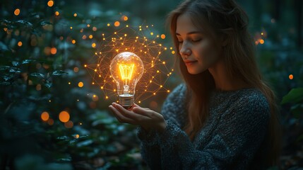 Naklejka premium A woman holds a light bulb surrounded by a network of lines, symbolizing innovative ideas and connectivity.