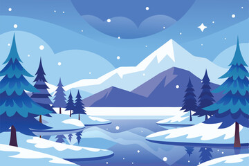 A whimsical winter landscape with snow-covered pine trees and a frozen lake against a backdrop of mountains and a starry sky.