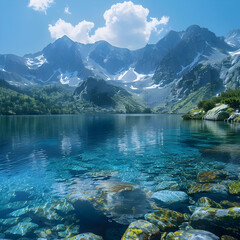 Mountain Lake with Crystal Clear Water, Realistic Image