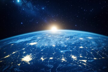 Obraz premium Night planet earth from space with light lines of communication and connection. Business and finance, concept. Global communications system and the World Wide Web. generative ai