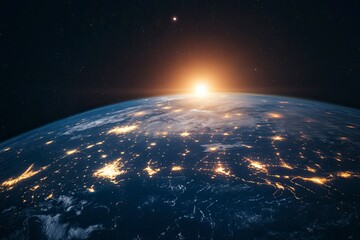 Obraz premium Night planet earth from space with light lines of communication and connection. Business and finance, concept. Global communications system and the World Wide Web. generative ai