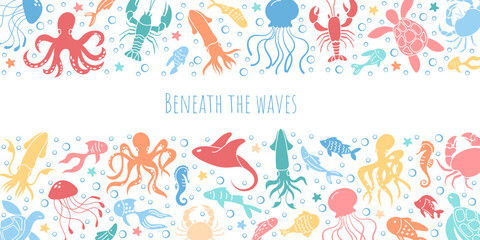 Colorful underwater marine life banner design featuring various sea creatures in a playful ocean theme. Water bubbles, reef animals, and vibrant elements fill the scene for graphic template.