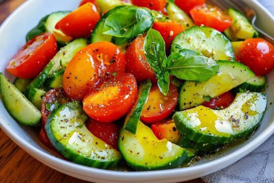 A vibrant avocado salad with cherry tomatoes, cucumbers, and fresh basil, drizzled with olive oil and lemon juice