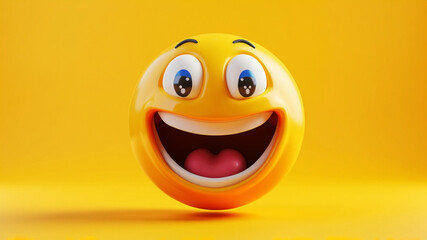 Fototapeta premium A cheerful yellow smiley face against a yellow background. World Smile day, Emoji Day and Laughter Day. World Smile day concept