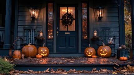 Obraz premium Spooky Halloween Porch with Jack O Lantern Decorations