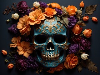 scary halloween skull decorated with many flowers
